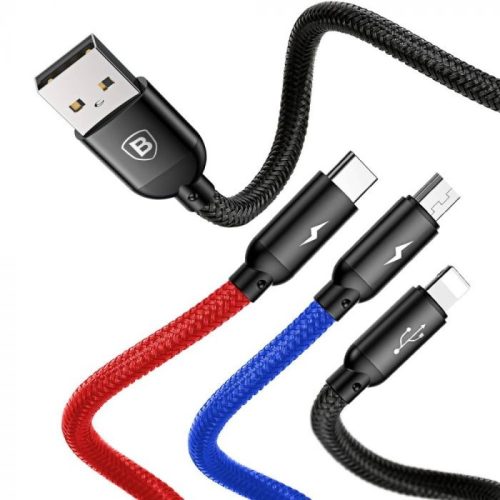 Baseus 3 az 1-ben Micro B / USB C / Lightning kábel 1.2m fekete (CAMLT-BSY01)