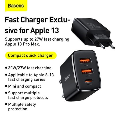 Baseus Quick Charge 3.0 2db USB + 1db Type C töltő (CCXJ-E01)
