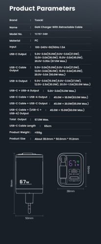 Toocki USB + USB C 67W GaN gyorstöltő adapter (401400010)