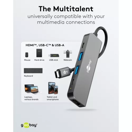 Goobay Slim 5 portos USB-C hub HDMI, 100 W PD, 5Gbit/s (78967)