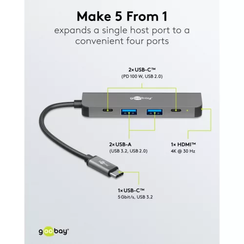 Goobay Slim 5 portos USB-C hub HDMI, 100 W PD, 5Gbit/s (78967)