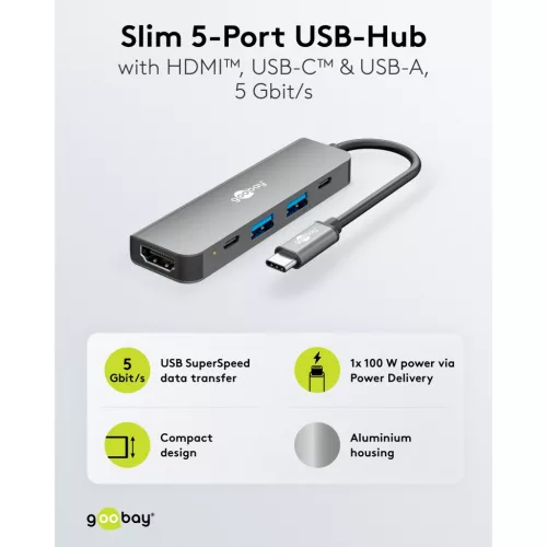 Goobay Slim 5 portos USB-C hub HDMI, 100 W PD, 5Gbit/s (78967)