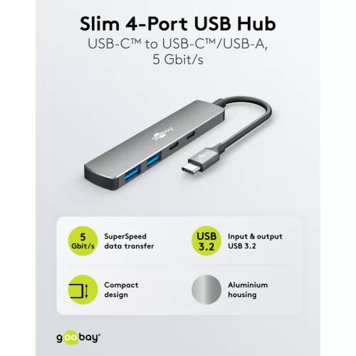 Goobay Slim 4 portos USB-C hub, 2× USB-C + 2× USB-A, 5 Gbit/s (79159)