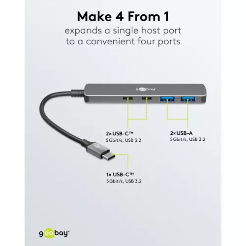Goobay Slim 4 portos USB-C hub, 2× USB-C + 2× USB-A, 5 Gbit/s (79159)