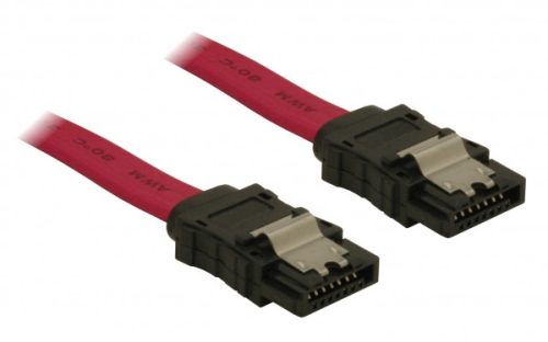 Delock SATA piros, egyenes/egyenes csatl. (fémlappal), 50 cm-es összekötő kábel (84302)