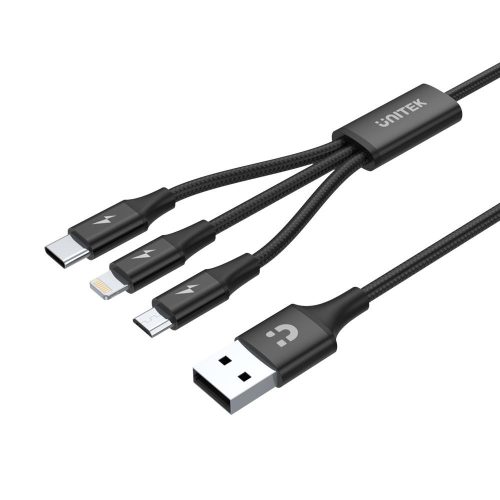 Unitek Prémium 3 az 1-ben Micro B / USB C / Lightning kábel 1.2m fekete (C14049BK)