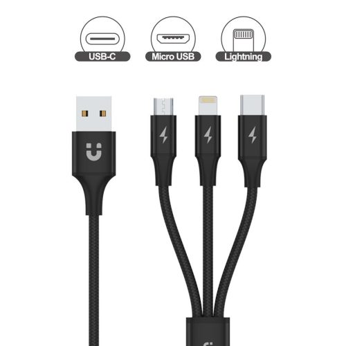 Unitek Prémium 3 az 1-ben Micro B / USB C / Lightning kábel 1.2m fekete (C14049BK)