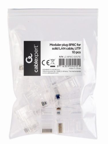 Gembird RJ45 UTP Cat5e csatlakozó dugó tömör kábelhez, 50db (LC-8P8C-001/50)