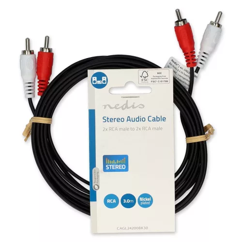 Nedis 2db RCA dugó - 2db RCA dugó sztereó audio kábel 3m fekete (CAGL24200BK30)