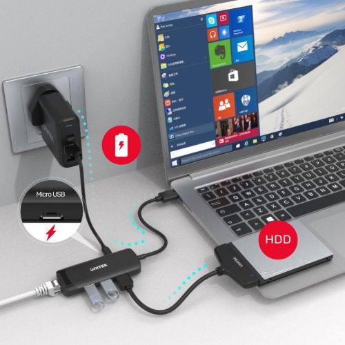 Unitek Prémium HUB 3db USB 3.0 5 Gbps, 1db Lan portos, fekete (H1111A)