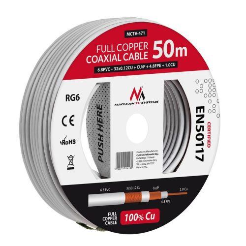 Maclean RG6 koax kábel 50m 100% réz (MCTV-471)