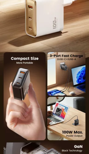 Toocki USB + 2db USB C 100W gyorstöltő adapter (TCT100-XRB01)