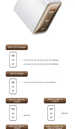 Toocki USB + 2db USB C 100W gyorstöltő adapter (TCT100-XRB01)