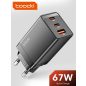 Toocki USB + 2db USB C 67W GaN gyorstöltő adapter (TCT2C1A-JCB01)