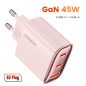 Toocki USB + 2db USB C 45W GaN gyorstöltő adapter pink (TCT45-XRB04)