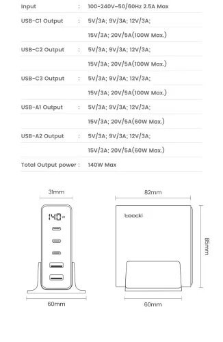Toocki dokkoló állomás 2db USB + 3db Type C GaN 140W (TCTZM-XRB01)