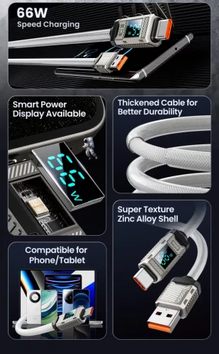 Toocki Conqueror USB-A - USB-C 66W 6A kijelzős kábel 1m fehér (TXCAC-ZFZ02)
