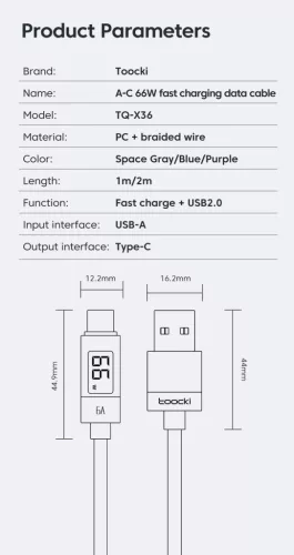 Toocki USB A - USB C 66W 6A kábel digitális kijelzővel 1m (TXCT-ZX0G)