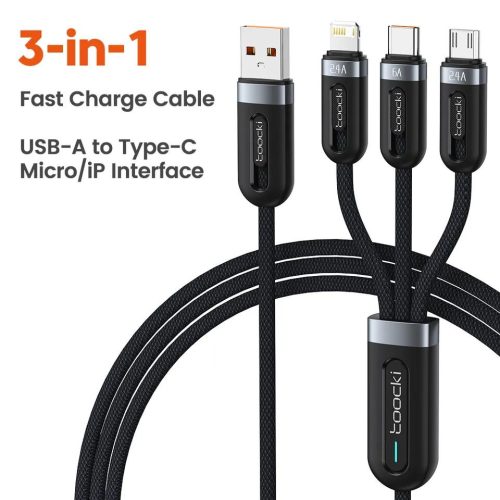 Toocki 3 az 1-ben USB C / Lightning / Micro 6A 66W kábel 1.2m fekete (TXCX-LX03)