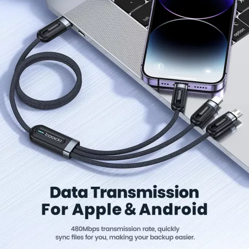 Toocki 3 az 1-ben USB-C / Lightning / Micro 6A 66W kábel 1.2m fekete (TXCX-LX03)
