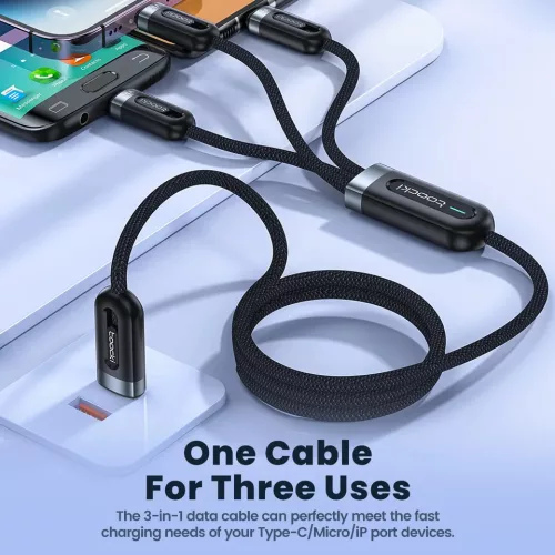 Toocki 3 az 1-ben USB-C / Lightning / Micro 6A 66W kábel 1.2m fekete (TXCX-LX03)