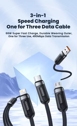 Toocki 3 az 1-ben USB-C / Lightning / Micro 6A 66W kábel 1.2m fekete (TXCX-LX03)